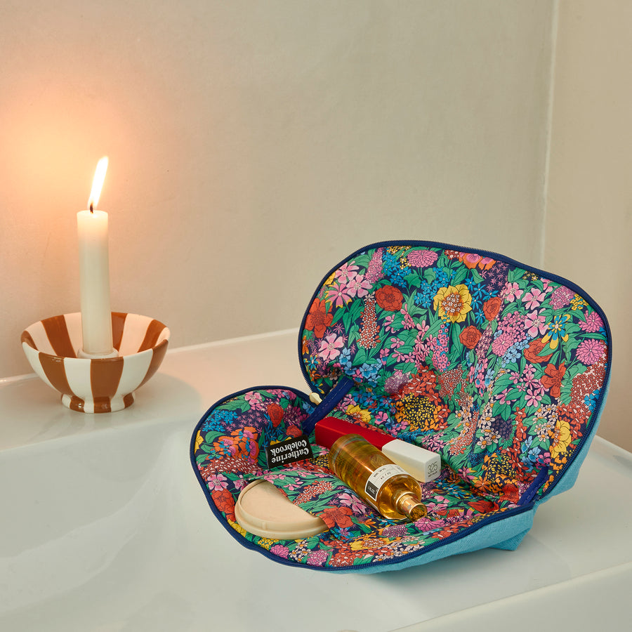 CATHERINE COLEBROOK BLUE LINEN MAKE UP BAG WITH LIBERTY FABRIC LINING