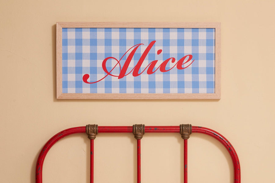 PERSONALISED PALE BLUE GINGHAM CALLIGRAPHY NAME PICTURE