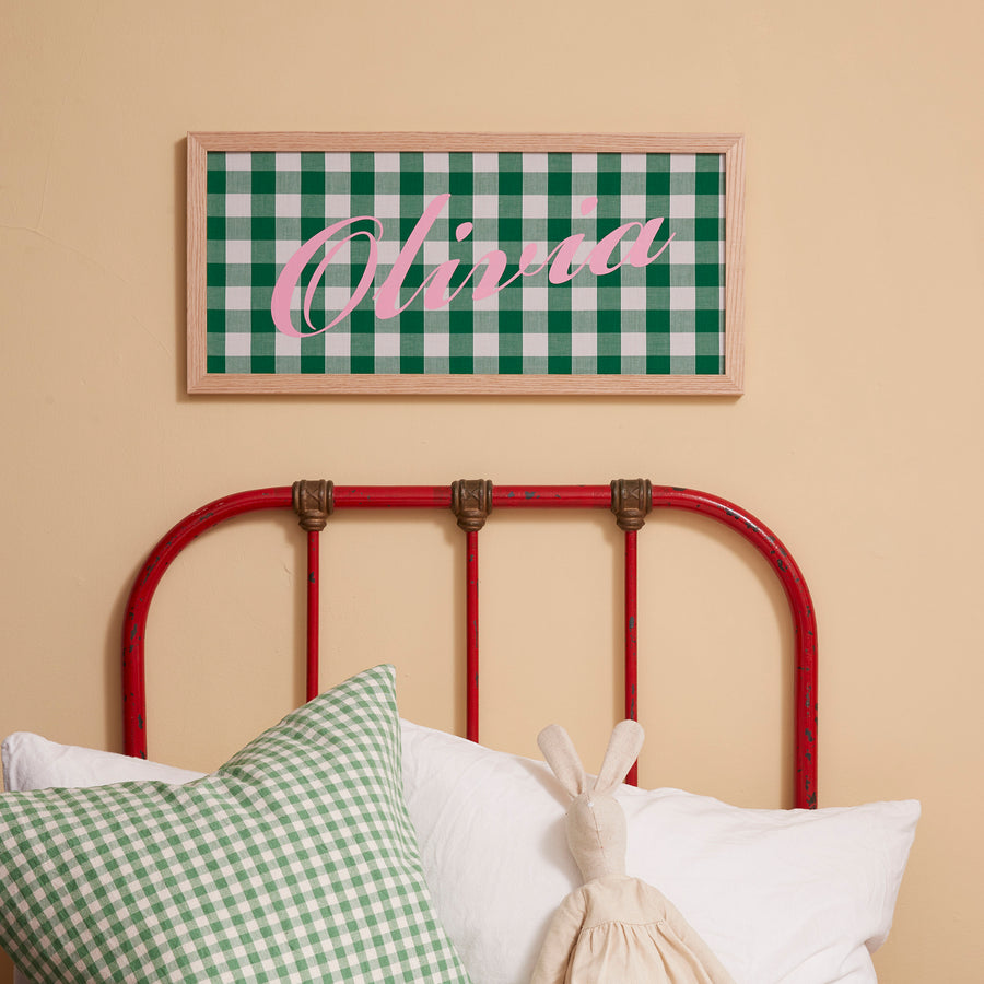 PERSONALISED GREEN GINGHAM CALLIGRAPHY NAME PICTURE