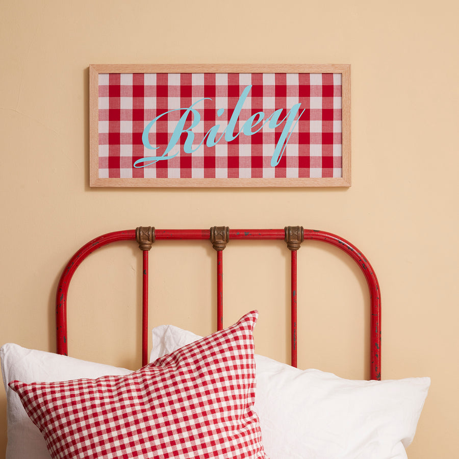 PERSONALISED RED GINGHAM CALLIGRAPHY NAME PICTURE