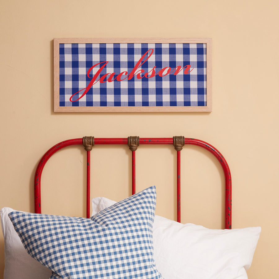 PERSONALISED ROYAL BLUE GINGHAM CALLIGRAPHY NAME PICTURE