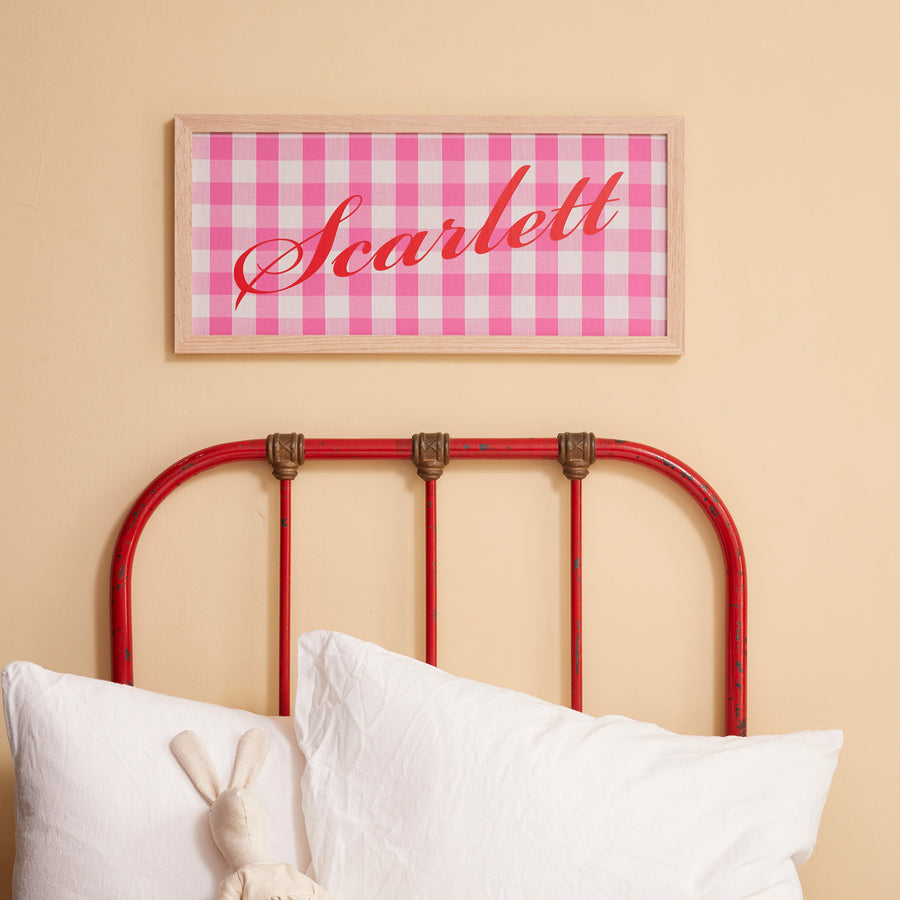 PERSONALISED PINK GINGHAM CALLIGRAPHY NAME PICTURE