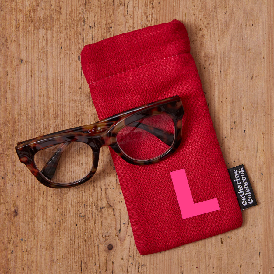 PERSONALISED INITIAL LINEN GLASSES CASE - RED