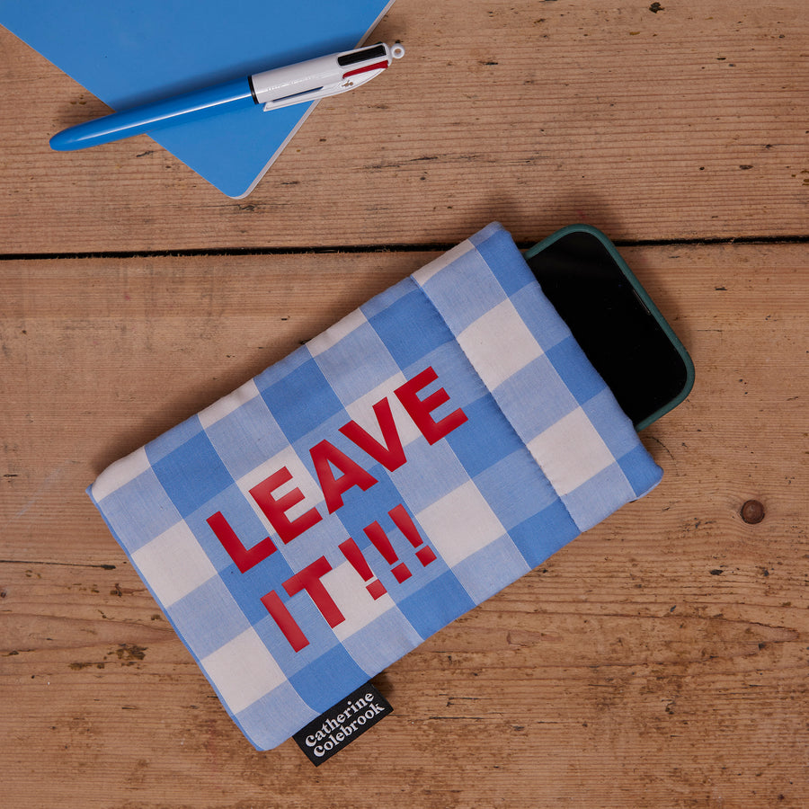 'GET OFF YOUR PHONE' PHONE POUCH - LIGHT BLUE GINGHAM/RED