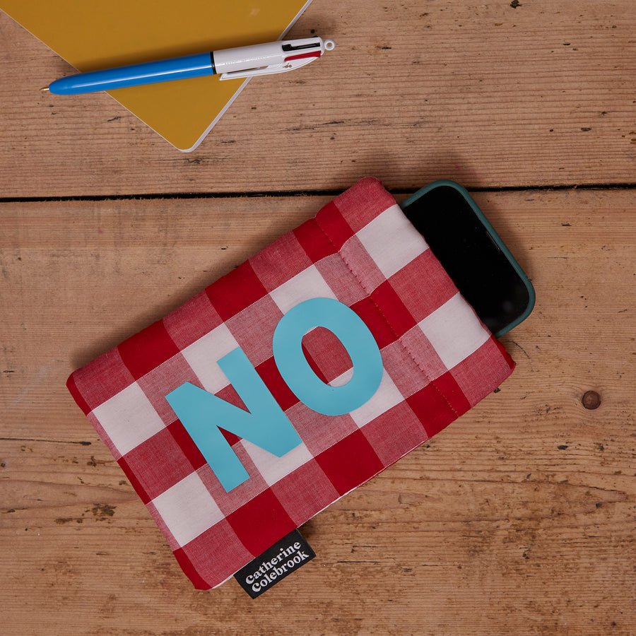 'GET OFF YOUR PHONE' PHONE POUCH - RED GINGHAM/TURQUOISE