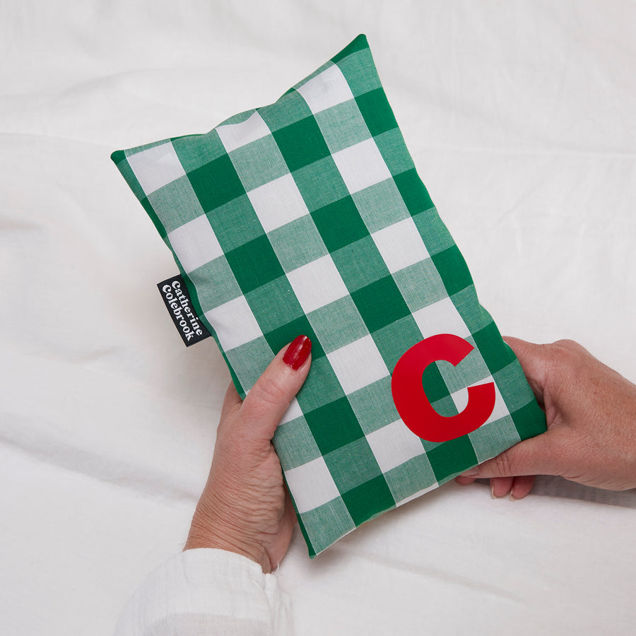 Catherine Colebrook chunky green gingham cute hot water bottle with personalised letter