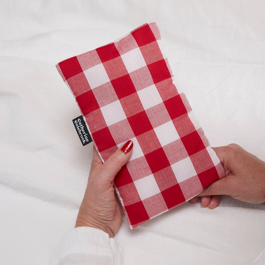 PERSONALISED RED CHUNKY GINGHAM CUTE HOT WATER BOTTLE
