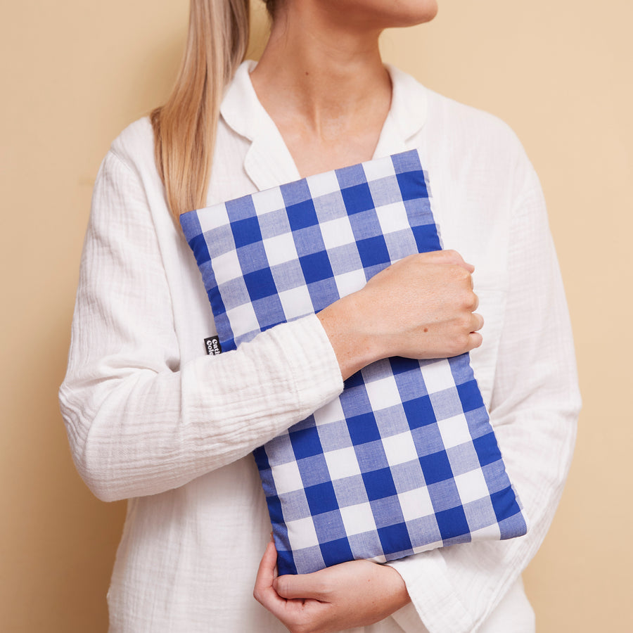 PERSONALISED BLUE CHUNKY GINGHAM HOT WATER BOTTLE