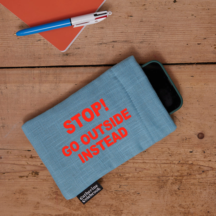 'GET OFF YOUR PHONE' PHONE POUCH - AZURE LINEN/ORANGE