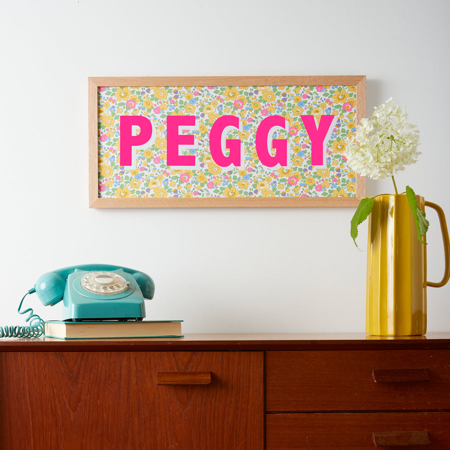 PERSONALISED FRAMED WORD/NAME PICTURE- LIBERTY BETSY YELLOW FABRIC