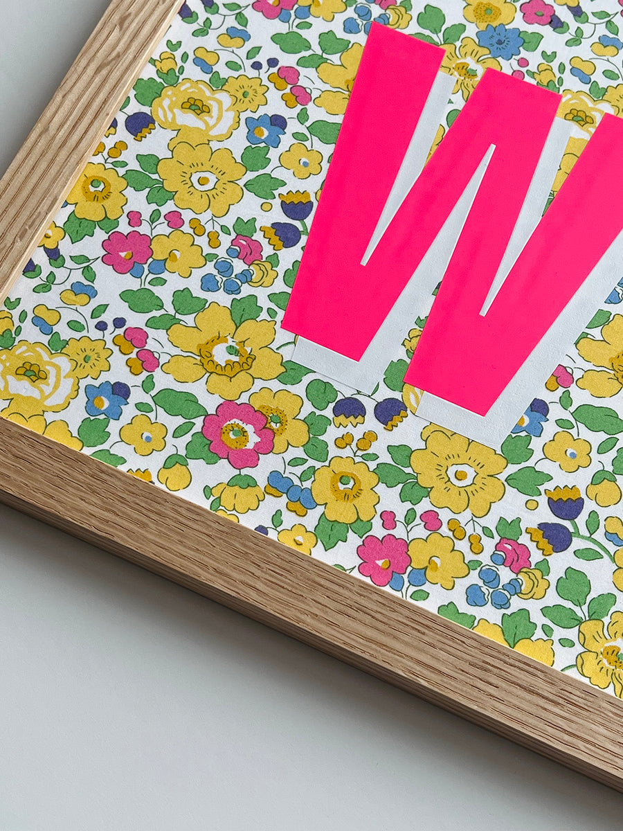 PERSONALISED FRAMED WORD/NAME PICTURE- LIBERTY BETSY YELLOW FABRIC