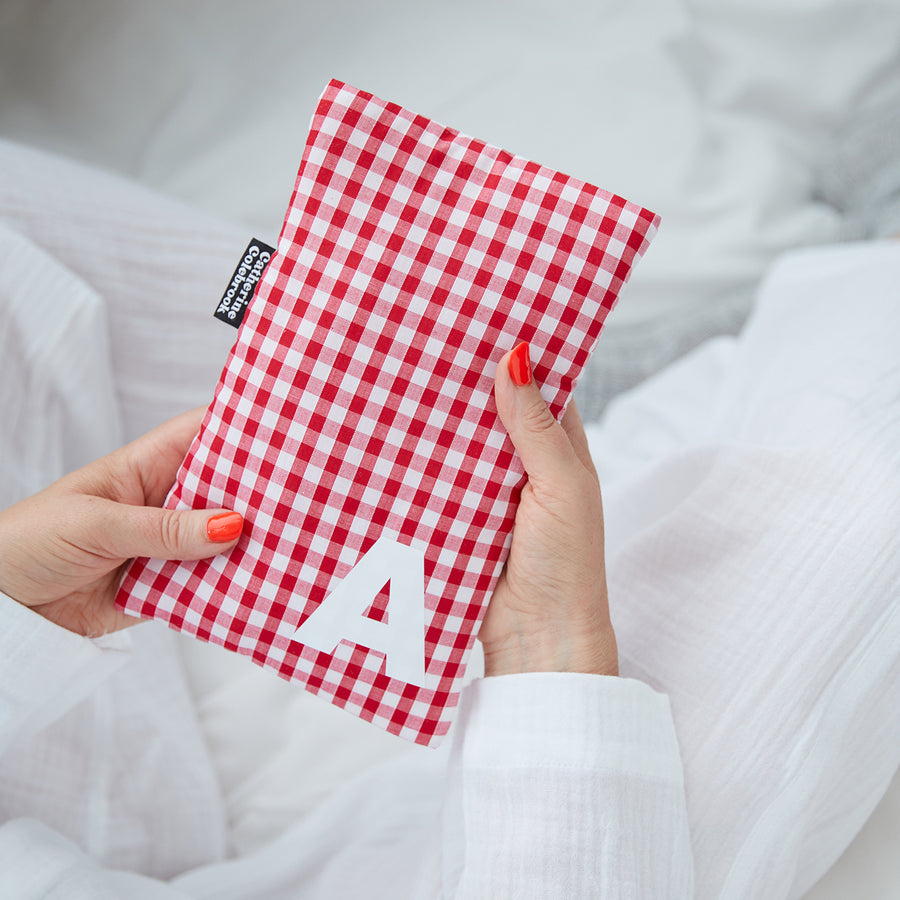 PERSONALISED RED GINGHAM CUTE HOT WATER BOTTLE