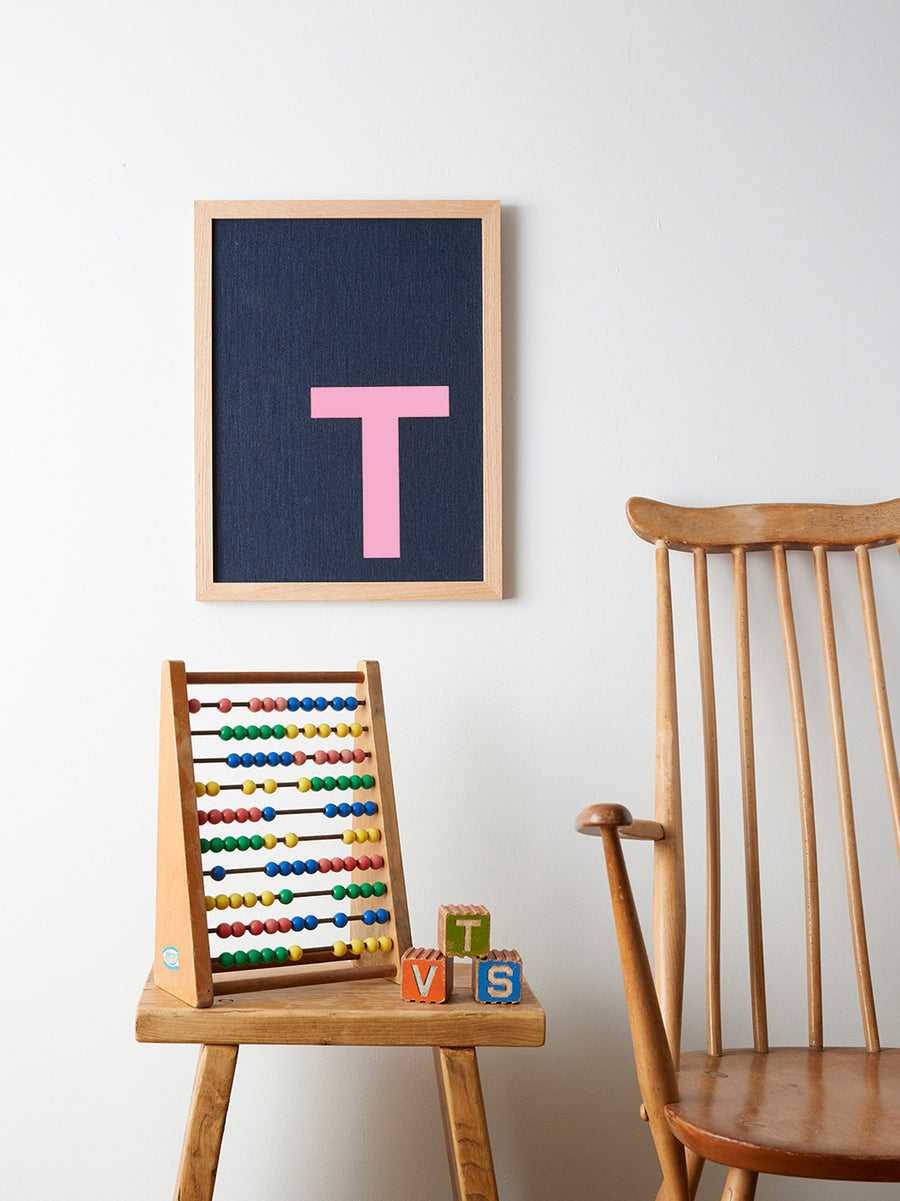 Catherine Colebrook framed denim initial picture, in denim with pink letter, in an oak frame