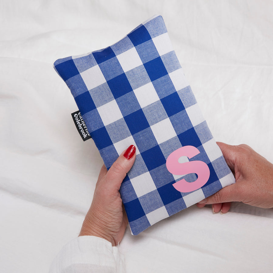 PERSONALISED BLUE CHUNKY GINGHAM CUTE HOT WATER BOTTLE