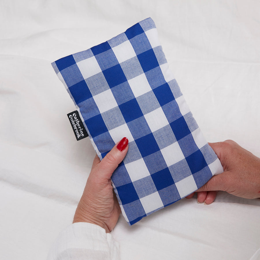 PERSONALISED BLUE CHUNKY GINGHAM CUTE HOT WATER BOTTLE