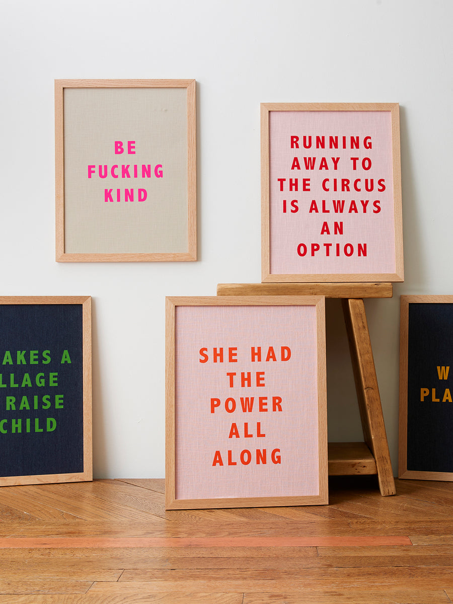 Catherine Colebrook framed quote pictures, various quotes in natural, pink linen and denim with different text colour way options, in oak frames